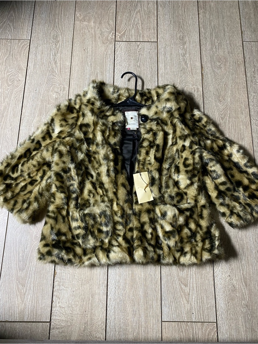 Vintage Elevenses Leopard Faux Fur Cropped Jacket Coat 3/4 Sleeve Peacot